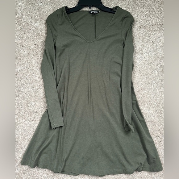 Express Tops - Express Olive Green V-Neck Long Sleeve Knit A-Line Mini Dress Size Small